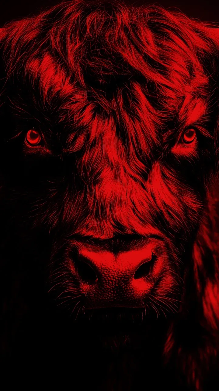 Nahaufnahme eines zotteligen Rinds in rotem Licht